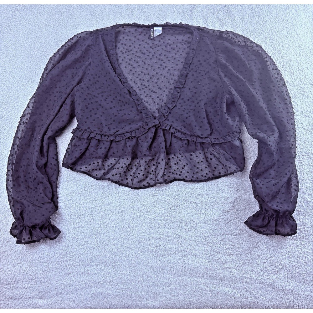 Black Swiss Dot Sheer Tie Front Peplum Blouse Womens Large Cottagecore Romantic